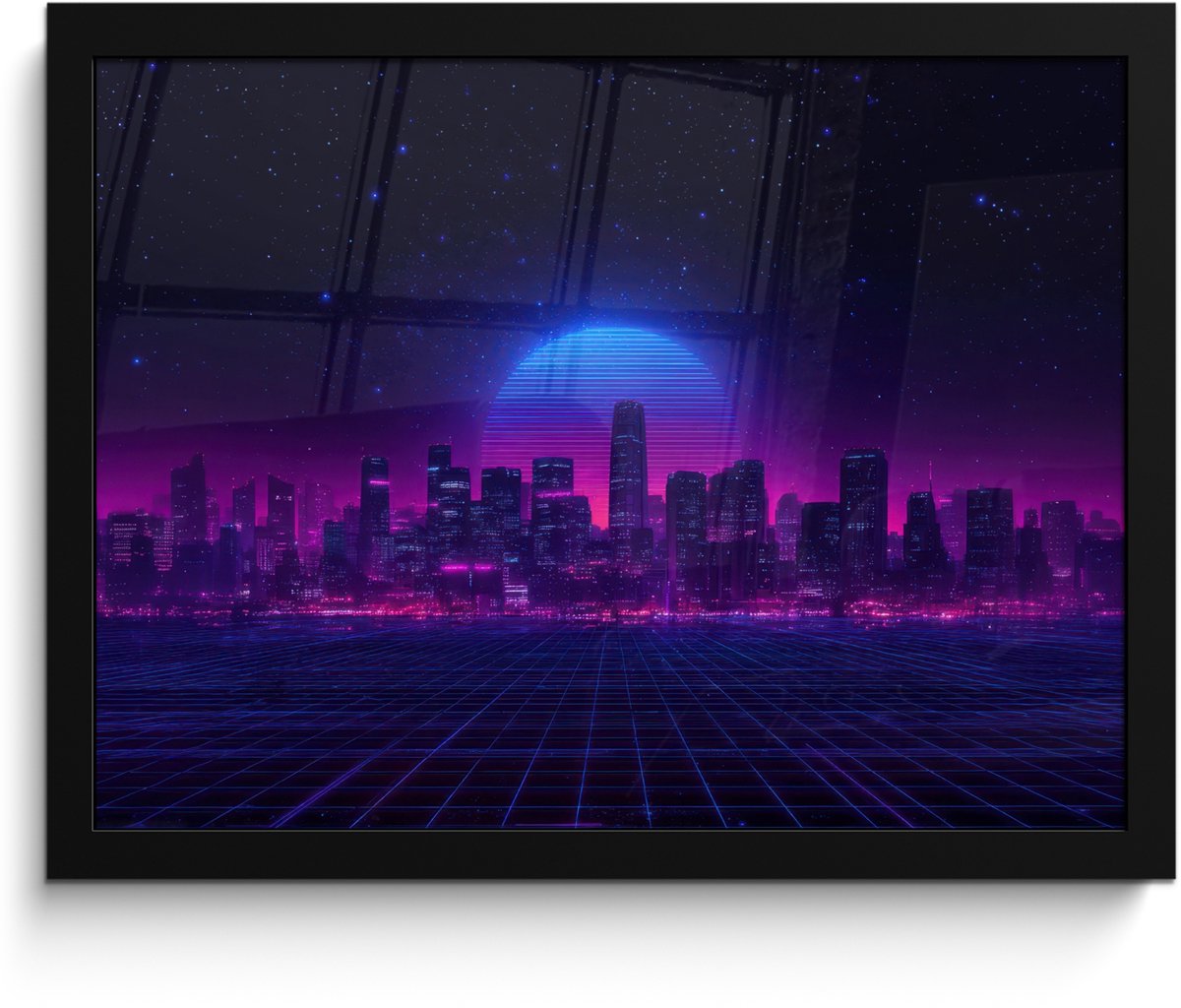FrameYourWall Poster in lijst - Fotolijst 40x30 cm - Posters - Skyline - Zon - Neon - Rasterpatroon - Posterlijst zwart - Decoratie - Wanddecoratie woonkamer - Muurdecoratie slaapkamer Stad - Sterrenhemel - Neon