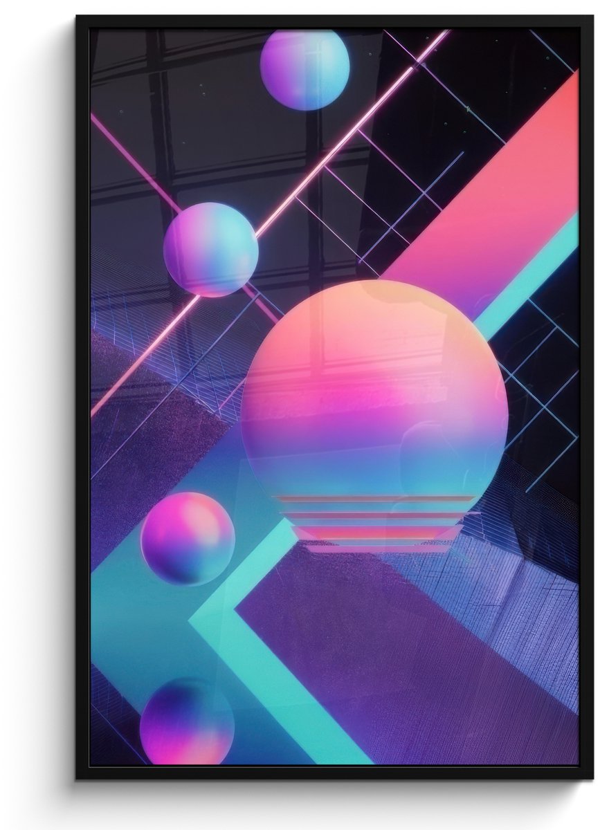 FrameYourWall Poster in lijst - Fotolijst 80x120 cm - Posters - Cirkels - Vlakken - Abstract - Blauw - Posterlijst zwart - Decoratie - Wanddecoratie woonkamer - Muurdecoratie slaapkamer Cirkels - Neon