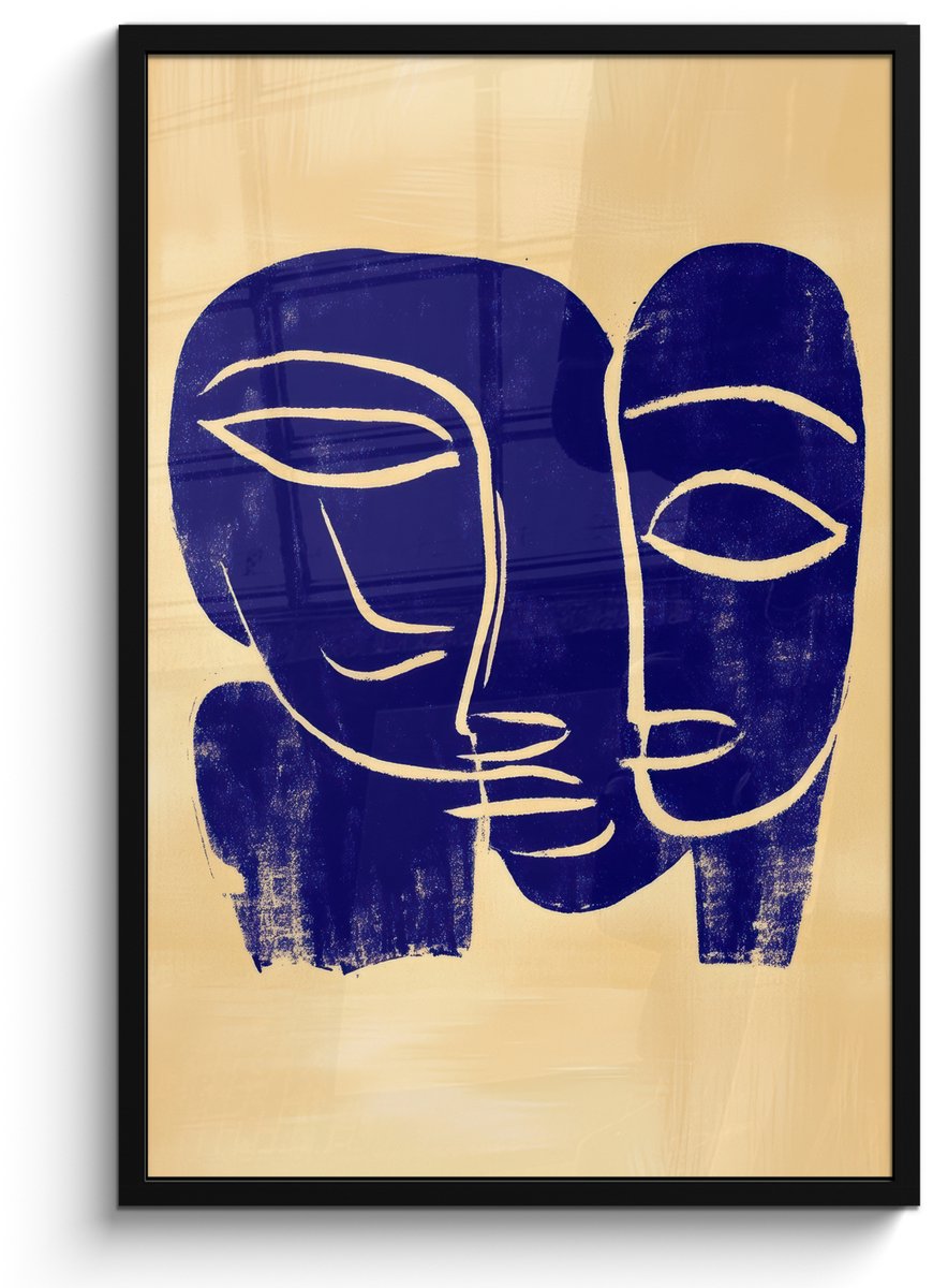 FrameYourWall Poster in lijst - Fotolijst 60x90 cm - Posters - Okergeel - Blauw - Eenvoudige lijnen - Posterlijst zwart - Decoratie - Wanddecoratie woonkamer - Muurdecoratie slaapkamer Lijnen - Gezichten