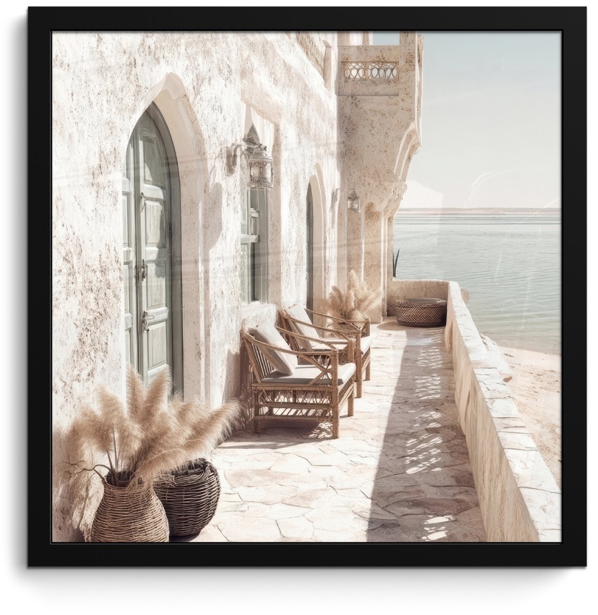 FrameYourWall Poster in lijst - Fotolijst 40x40 cm - Posters - Terras - Stoelen - Strand - Beige - Posterlijst zwart - Decoratie - Wanddecoratie woonkamer - Muurdecoratie slaapkamer Huis - Stoelen - Strand