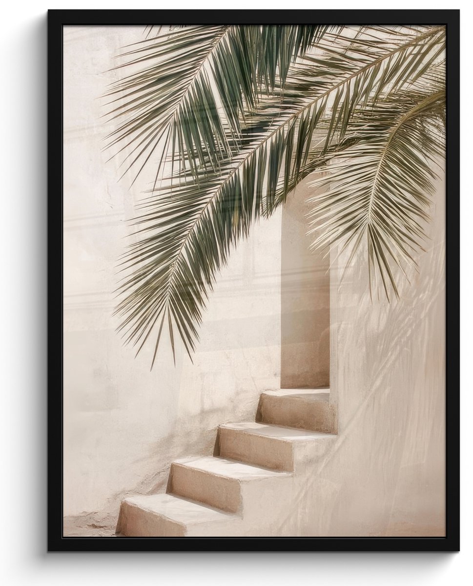 FrameYourWall Poster in lijst - Fotolijst 60x80 cm - Posters - Palmboom - Schaduw - Trap - Beige - Posterlijst zwart - Decoratie - Wanddecoratie woonkamer - Muurdecoratie slaapkamer