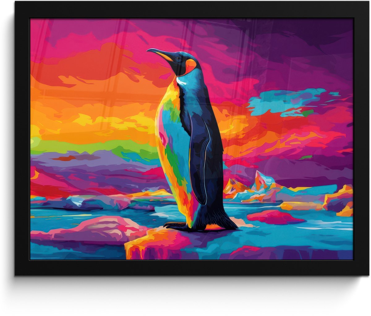 FrameYourWall Poster in lijst - Fotolijst 40x30 cm - Posters - Ijsschots - Pinguïn - Abstract - Lucht - Posterlijst zwart - Decoratie - Wanddecoratie woonkamer - Muurdecoratie slaapkamer Pinguïn - Kleurrijk