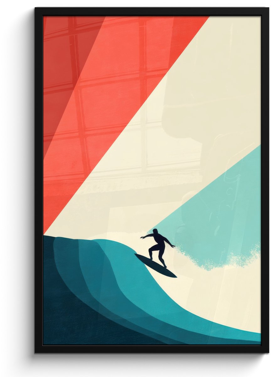 FrameYourWall Poster in lijst - Fotolijst 60x90 cm - Posters - Surfer - Abstract - Golven - Zonnestralen - Posterlijst zwart - Decoratie - Wanddecoratie woonkamer - Muurdecoratie slaapkamer - Kerstversiering - Kerstdecoratie voor binnen - Kerstmis