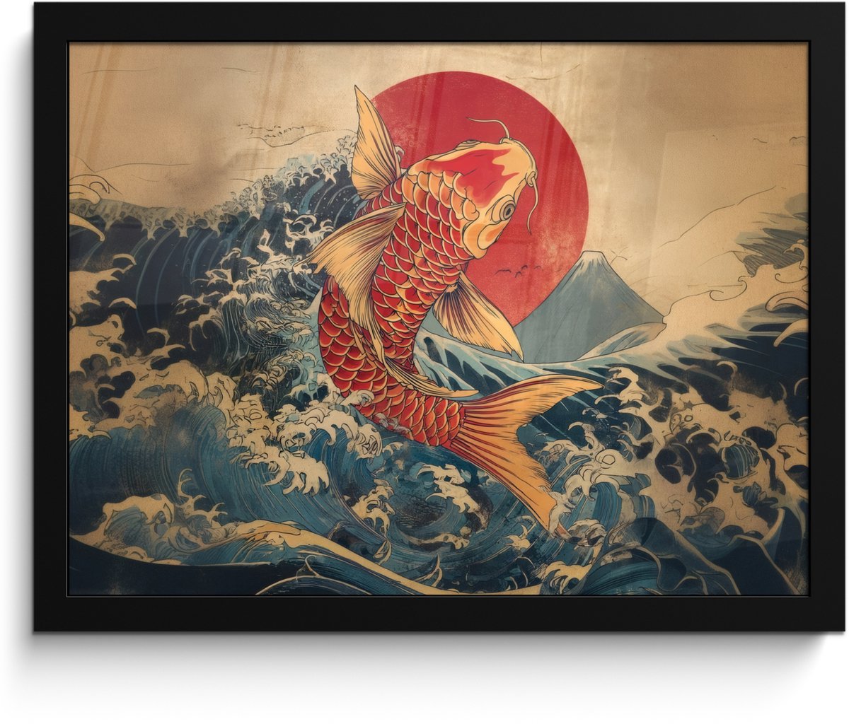 FrameYourWall Poster in lijst - Fotolijst 40x30 cm - Posters - Koi - Zee - Golven - Zon - Posterlijst zwart - Decoratie - Wanddecoratie woonkamer - Muurdecoratie slaapkamer