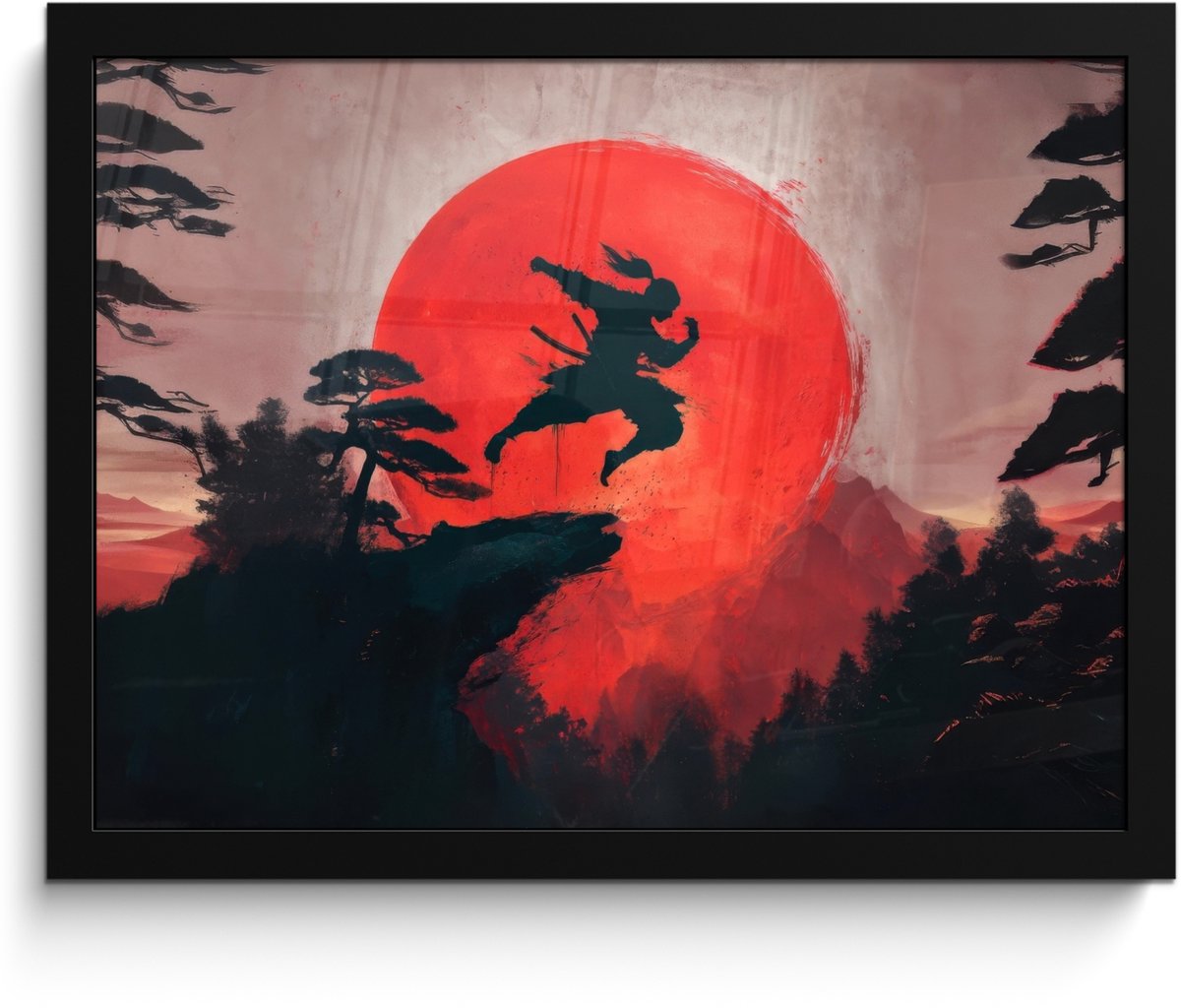 FrameYourWall Poster in lijst - Fotolijst 40x30 cm - Posters - Zon - Krijger - Bomen - Bergen - Posterlijst zwart - Decoratie - Wanddecoratie woonkamer - Muurdecoratie slaapkamer Zon - Krijger - Landschap