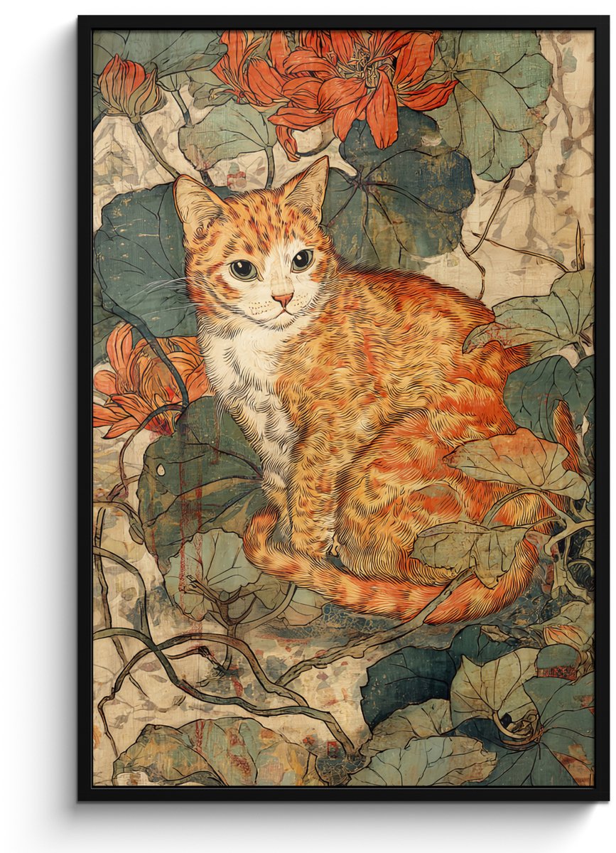 FrameYourWall Poster in lijst - Fotolijst 80x120 cm - Posters - Kat - Sierlijk - Bloemen - Posterlijst zwart - Decoratie - Wanddecoratie woonkamer - Muurdecoratie slaapkamer Kat - Bloemen