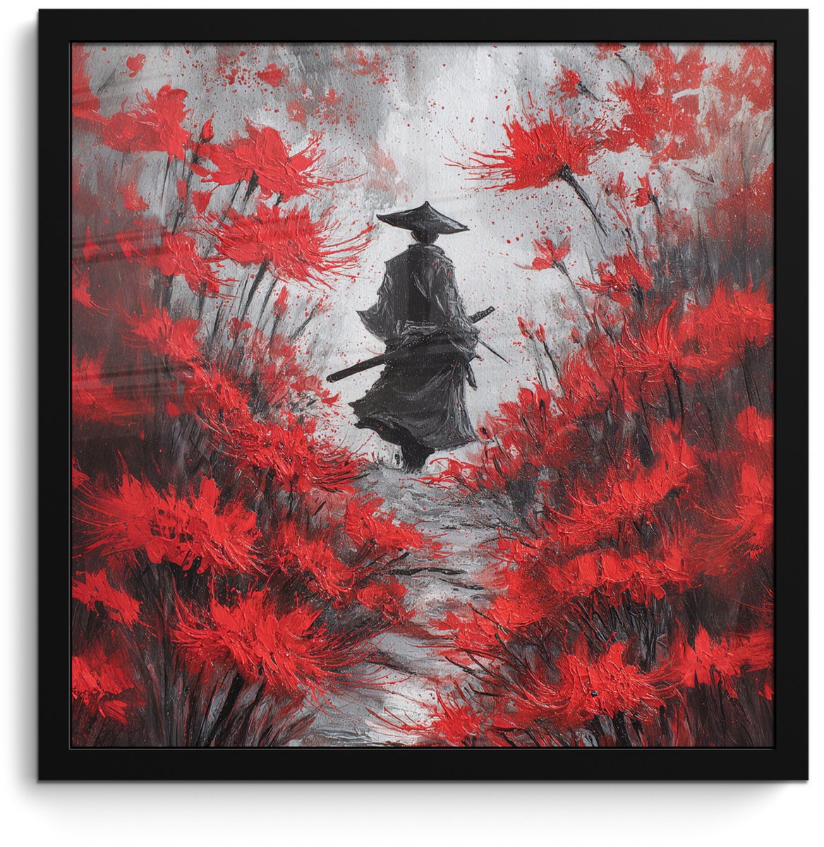 FrameYourWall Poster in lijst - Fotolijst 40x40 cm - Posters - Rode bloemen - mistig - Man - Posterlijst zwart - Decoratie - Wanddecoratie woonkamer - Muurdecoratie slaapkamer Bloemen - Man - Mistig