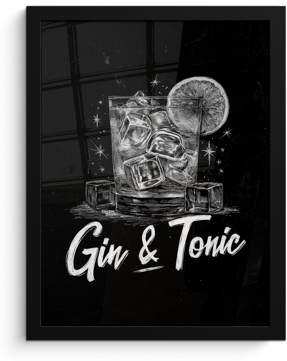FrameYourWall Poster in lijst - Fotolijst 30x40 cm - Posters - Gin en tonic - Glas - Limoen - Ijsblokjes - Posterlijst zwart - Decoratie - Wanddecoratie woonkamer - Muurdecoratie slaapkamer Gin & tonic - Ijsblokjes