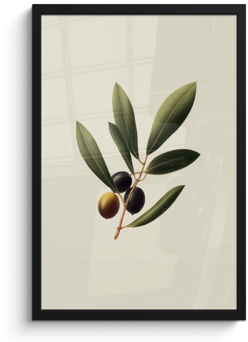 FrameYourWall Poster in lijst - Fotolijst 40x60 cm - Posters - Olijftak - Donkergroen - Olijven - Posterlijst zwart - Decoratie - Wanddecoratie woonkamer - Muurdecoratie slaapkamer