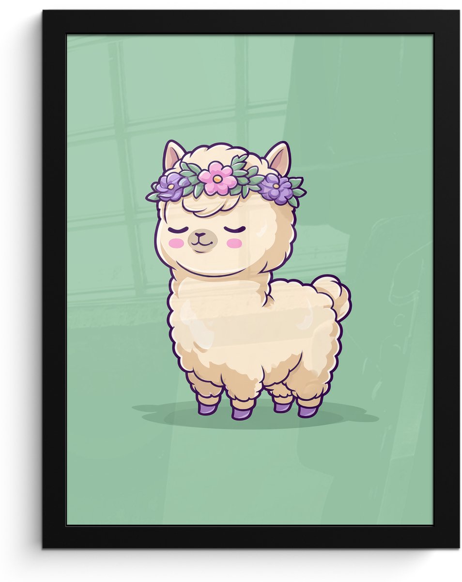 FrameYourWall Poster in lijst - Fotolijst 30x40 cm - Posters - Alpaca - Groen - Bloemendiadeem - Posterlijst zwart - Decoratie - Wanddecoratie woonkamer - Muurdecoratie slaapkamer