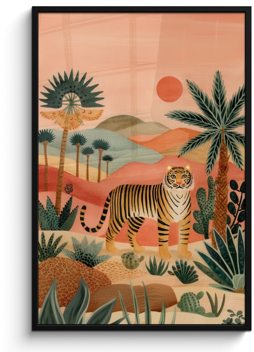 FrameYourWall Poster in lijst - Fotolijst 80x120 cm - Posters - Tijger - Kleurrijk - Palmen - Cactus - Posterlijst zwart - Decoratie - Wanddecoratie woonkamer - Muurdecoratie slaapkamer