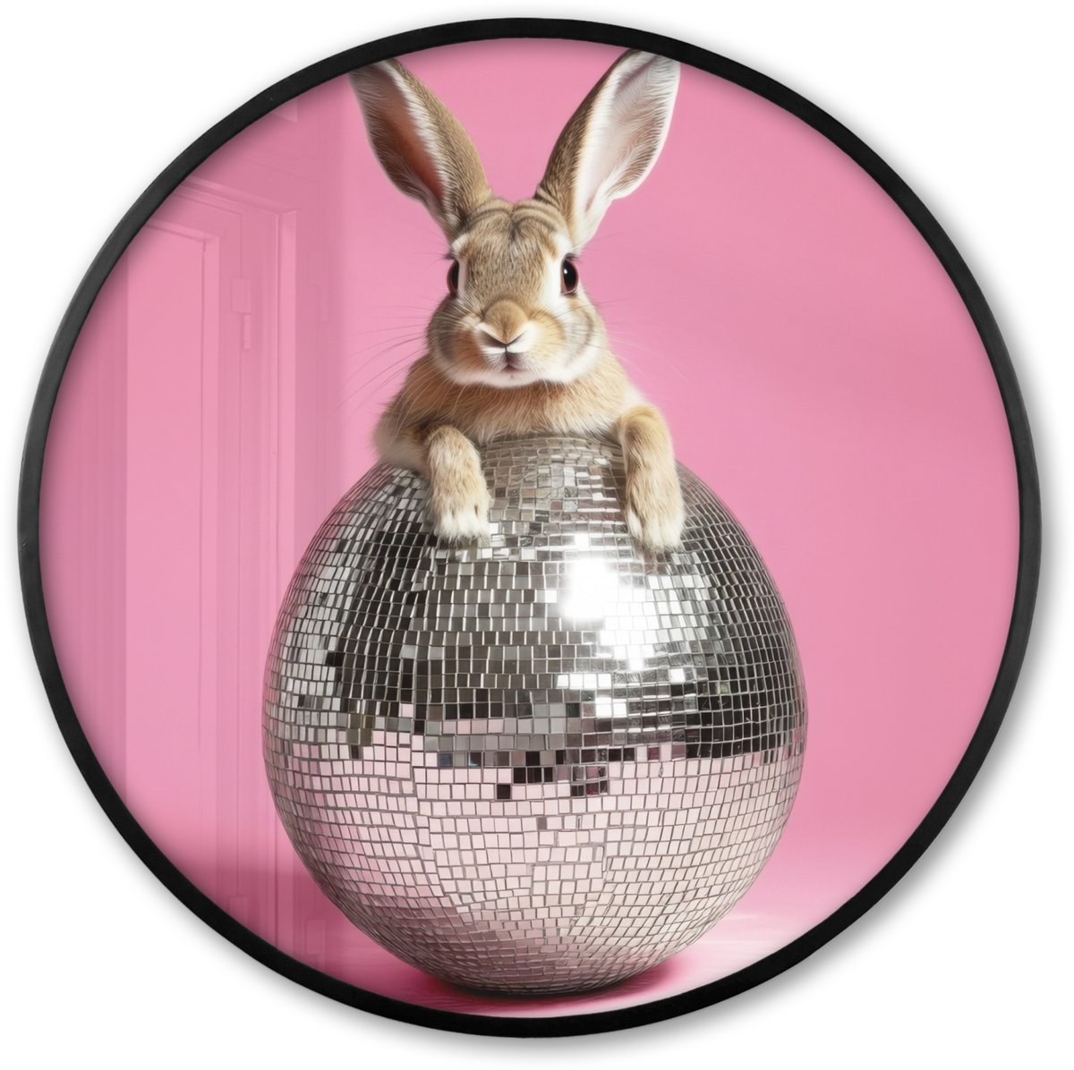 FrameYourWall Poster in lijst Rond - Fotolijst 60x60 cm - Posters - Haas - Strik -Discobal - Ronde posterlijst zwart - Decoratie - Wanddecoratie woonkamer - Muurdecoratie slaapkamer Paashaas - Disco