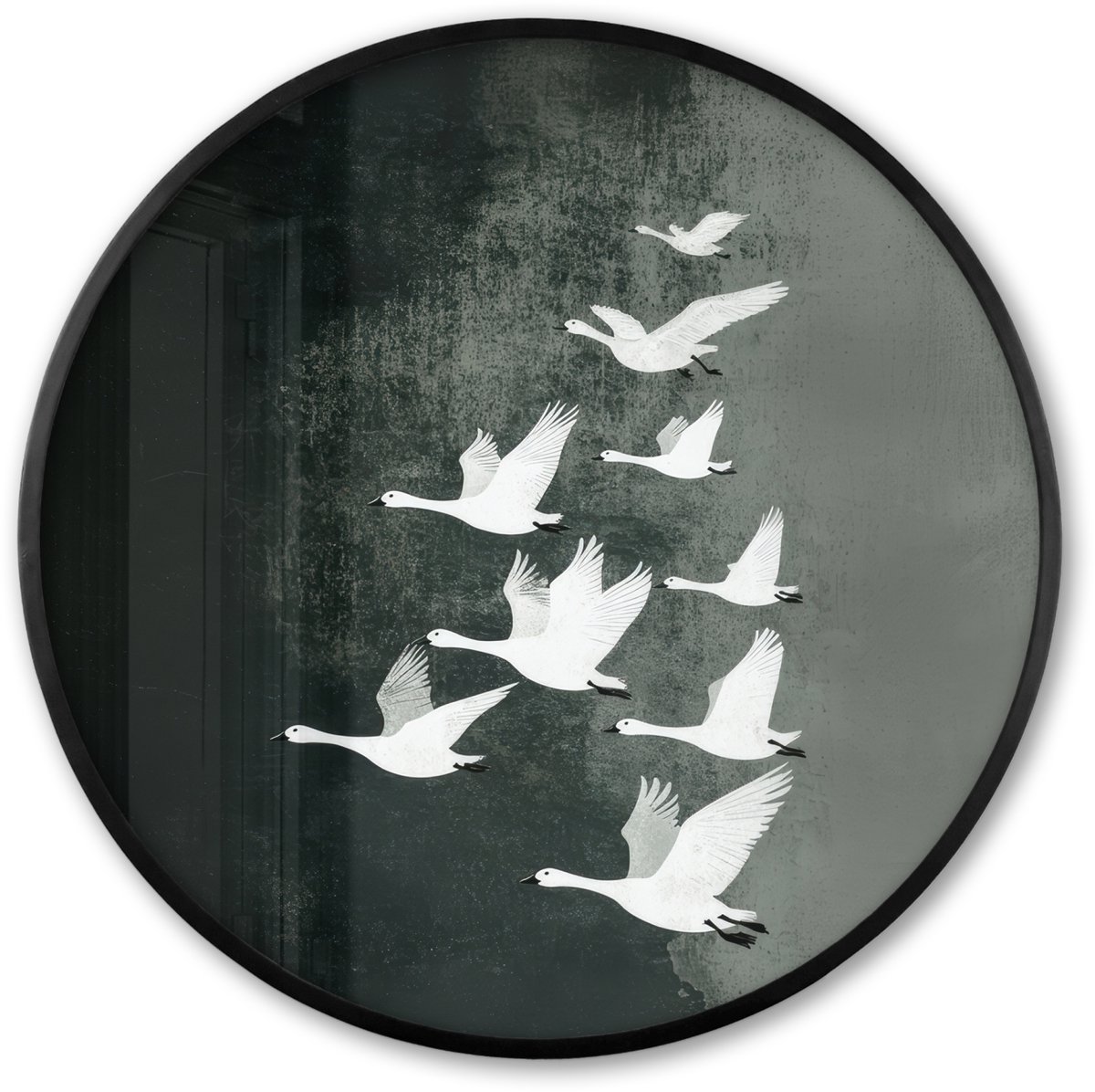 FrameYourWall Poster in lijst Rond - Fotolijst 60x60 cm - Posters - Vogel - Japandi - Groen - Ronde posterlijst zwart - Decoratie - Wanddecoratie woonkamer - Muurdecoratie slaapkamer Vogels