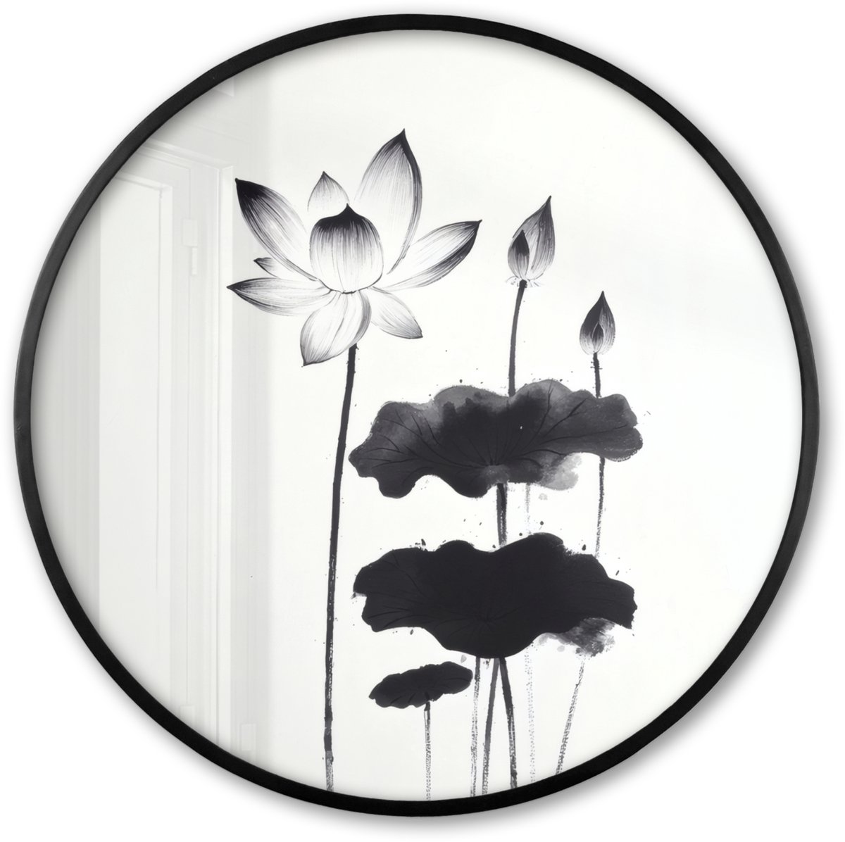 FrameYourWall Poster in lijst Rond - Fotolijst 60x60 cm - Posters - Bladeren - Zwart - Lotusbloem - Minimalitisch - Ronde posterlijst zwart - Decoratie - Wanddecoratie woonkamer - Muurdecoratie slaapkamer