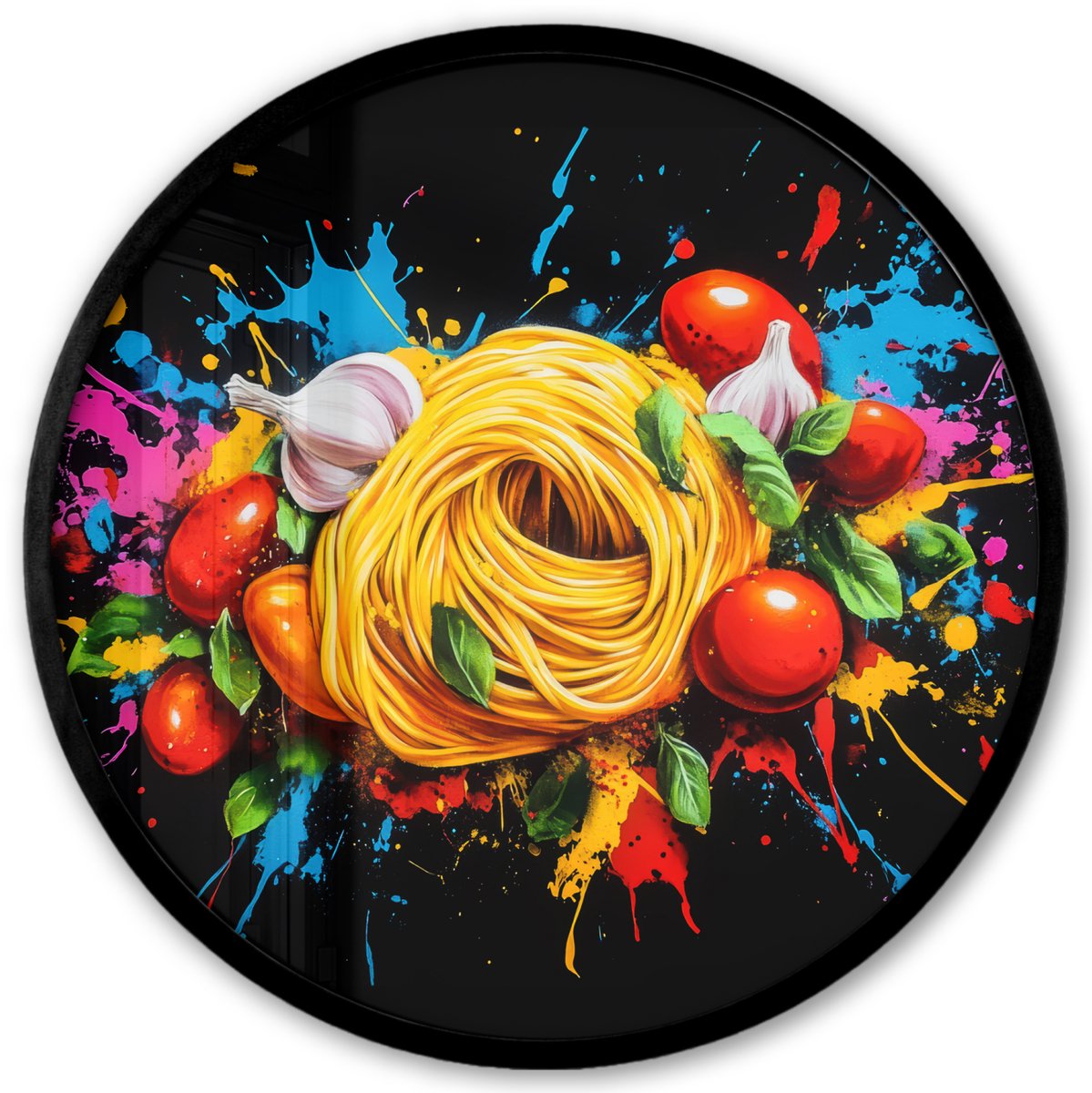 FrameYourWall Poster in lijst Rond - Fotolijst 40x40 cm - Posters - Spaghetti - Graffiti - Verf - Kleurrijk - Eten - Modern - Ronde posterlijst zwart - Decoratie - Wanddecoratie woonkamer - Muurdecoratie slaapkamer Graffiti - Spaghetti
