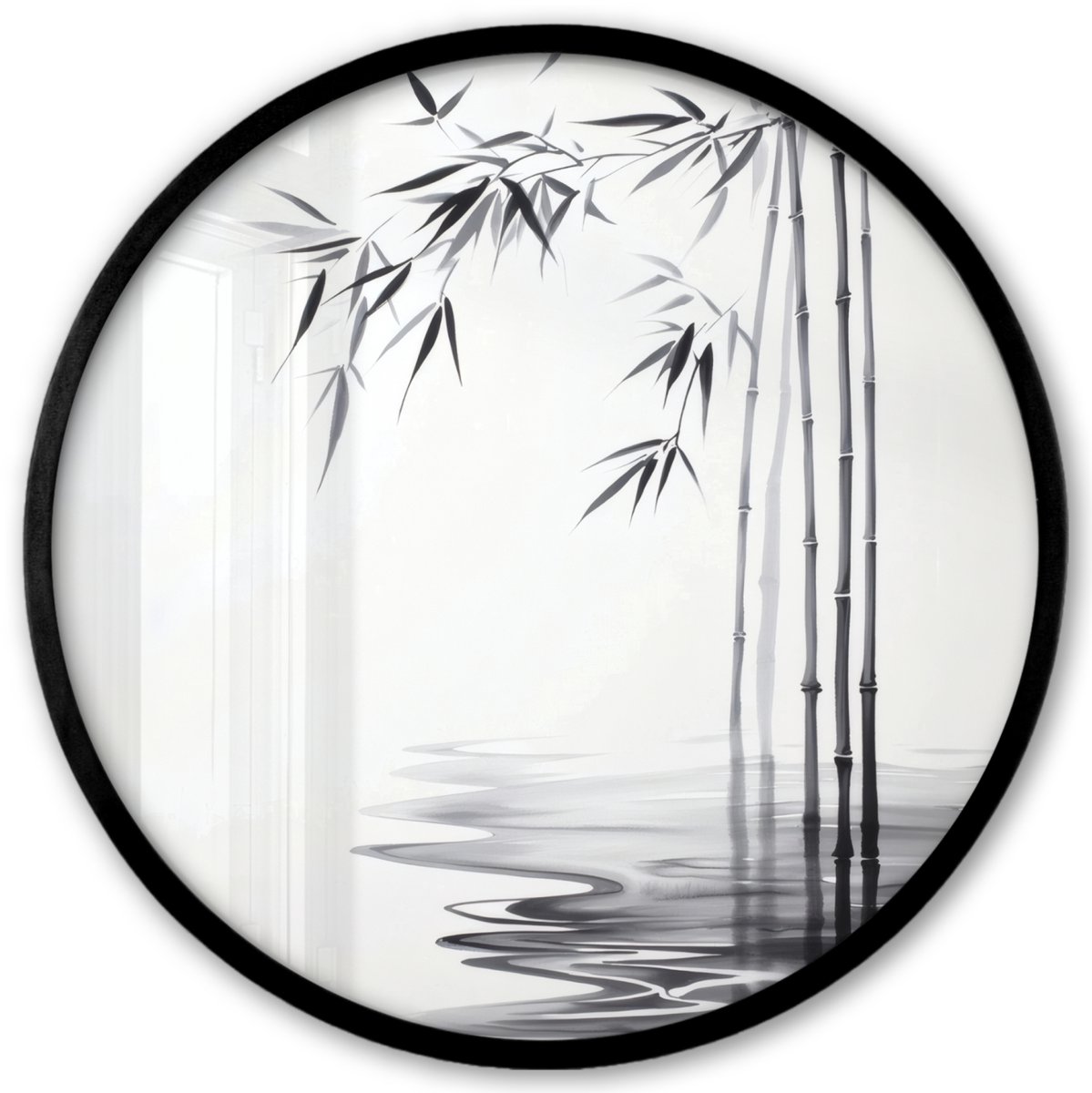 FrameYourWall Poster in lijst Rond - Fotolijst 40x40 cm - Posters - Bamboestammen - Water - Minimalistisch - Wit - Ronde posterlijst zwart - Decoratie - Wanddecoratie woonkamer - Muurdecoratie slaapkamer