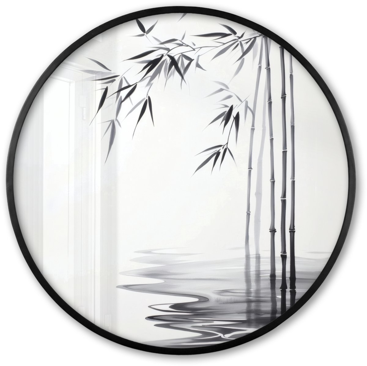 FrameYourWall Poster in lijst Rond - Fotolijst 80x80 cm - Posters - Bamboestammen - Water - Minimalistisch - Wit - Ronde posterlijst zwart - Decoratie - Wanddecoratie woonkamer - Muurdecoratie slaapkamer