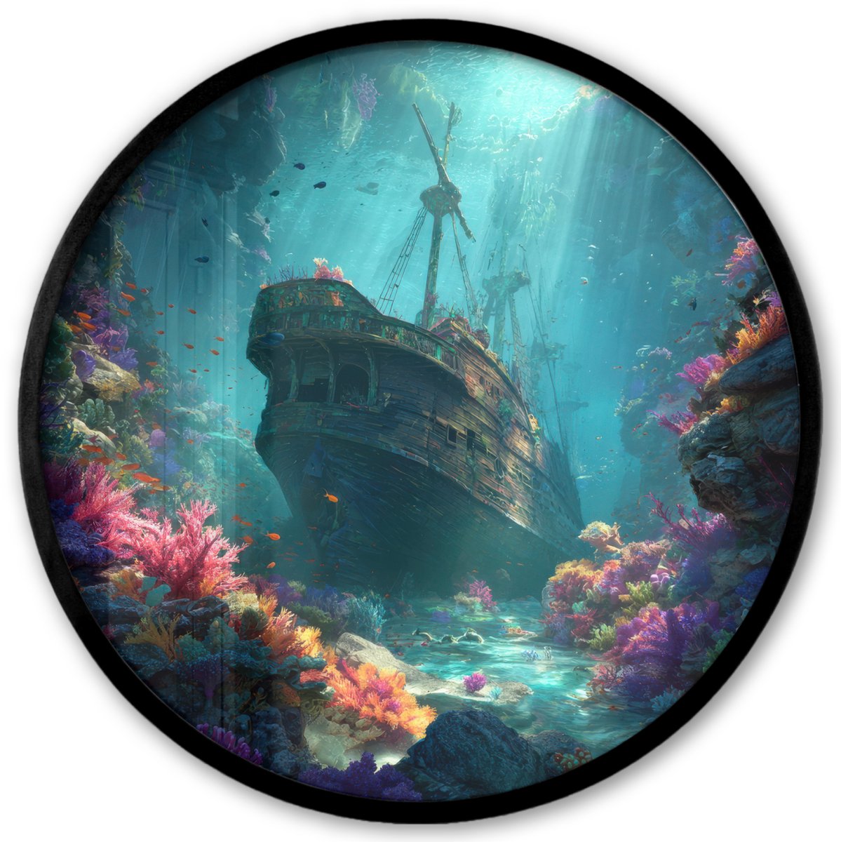 FrameYourWall Poster in lijst Rond - Fotolijst 40x40 cm - Posters - Schip - Hout - Koraalriffen - Zonlicht - Ronde posterlijst zwart - Decoratie - Wanddecoratie woonkamer - Muurdecoratie slaapkamer