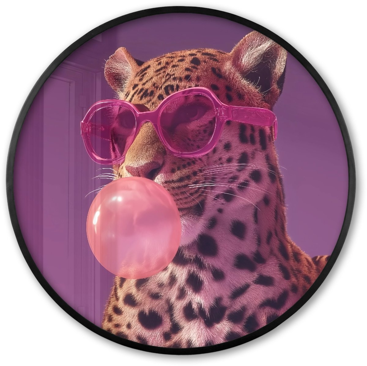 FrameYourWall Poster in lijst Rond - Fotolijst 60x60 cm - Posters - Panter - Zonnebril - Kauwgombel - Roze - Ronde posterlijst zwart - Decoratie - Wanddecoratie woonkamer - Muurdecoratie slaapkamer