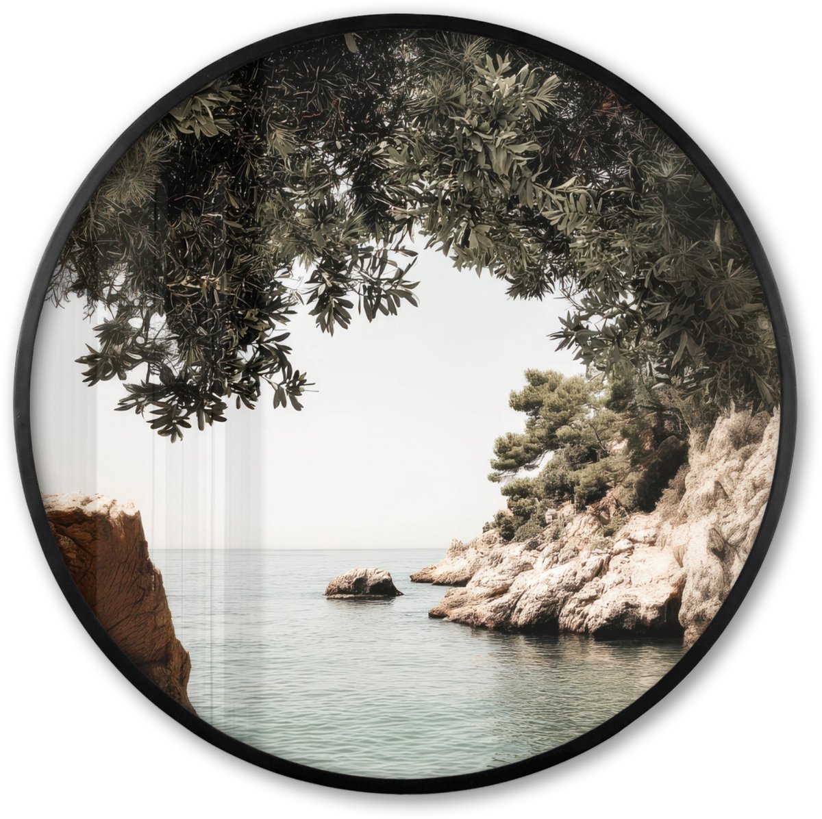 FrameYourWall Poster in lijst Rond - Fotolijst 60x60 cm - Posters - Rotsen - Zee - Boom - Groen - Ronde posterlijst zwart - Decoratie - Wanddecoratie woonkamer - Muurdecoratie slaapkamer
