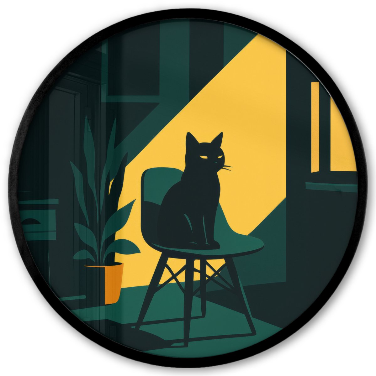 FrameYourWall Poster in lijst Rond - Fotolijst 40x40 cm - Posters - Zwarte kat - Mysterieus - Gele instraal - Ronde posterlijst zwart - Decoratie - Wanddecoratie woonkamer - Muurdecoratie slaapkamer