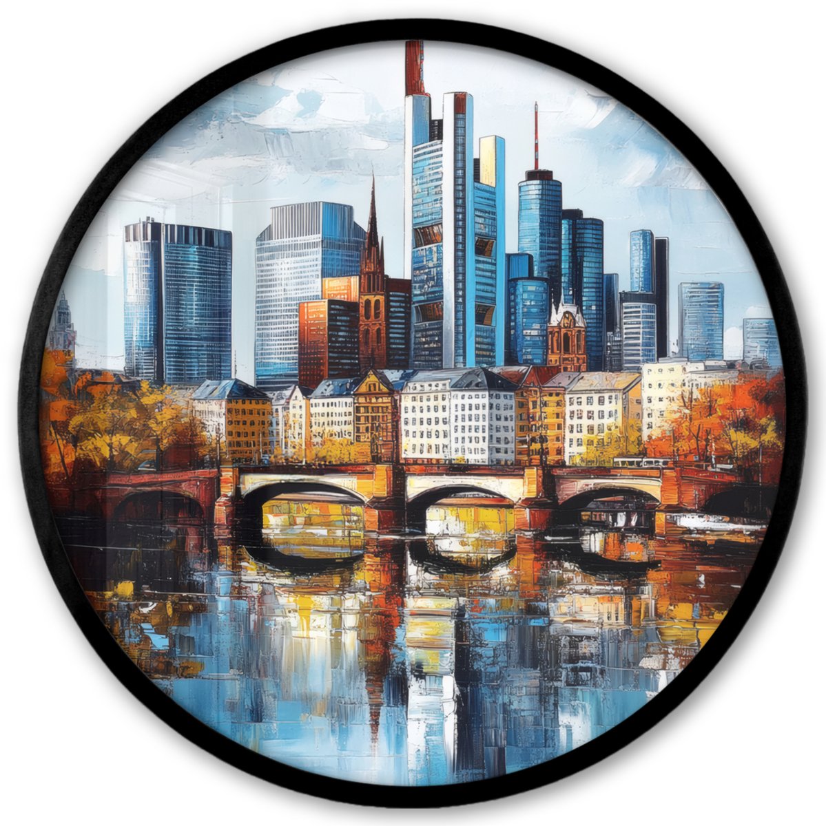 FrameYourWall Poster in lijst Rond - Fotolijst 40x40 cm - Posters - Bomen Frankfurt- Stad - Skyline - Brug - Ronde posterlijst zwart - Decoratie - Wanddecoratie woonkamer - Muurdecoratie slaapkamer Bomen - Stad