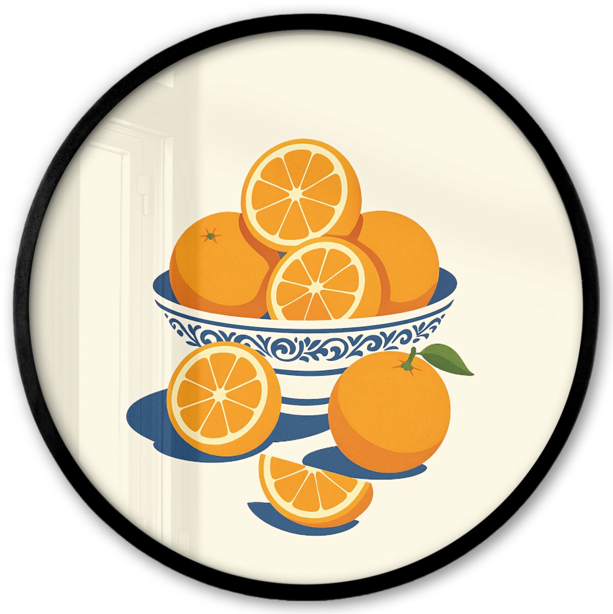 FrameYourWall Poster in lijst Rond - Fotolijst 40x40 cm - Posters - Schaal - Minimalistisch - Oranje - Sinaasappels - Ronde posterlijst zwart - Decoratie - Wanddecoratie woonkamer - Muurdecoratie slaapkamer