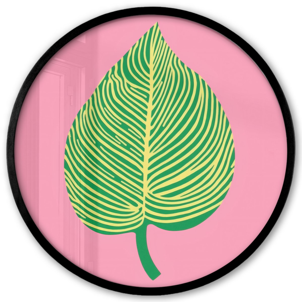 FrameYourWall Poster in lijst Rond - Fotolijst 40x40 cm - Posters - Illustratie - Blad - Minimalistisch - Groen - Ronde posterlijst zwart - Decoratie - Wanddecoratie woonkamer - Muurdecoratie slaapkamer