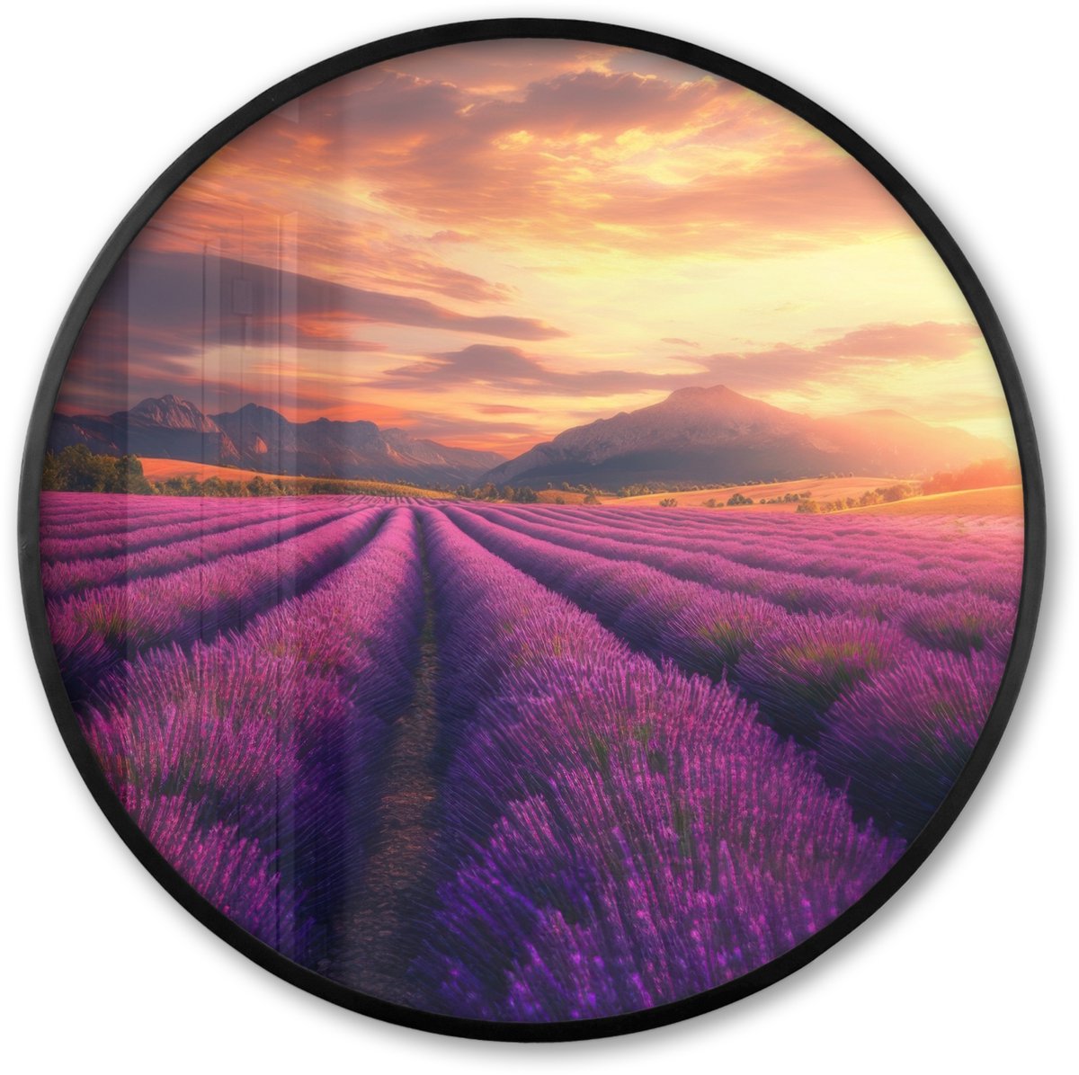 FrameYourWall Poster in lijst Rond - Fotolijst 60x60 cm - Posters - Lavendelveld - Zonsondergang - Paars - Ronde posterlijst zwart - Decoratie - Wanddecoratie woonkamer - Muurdecoratie slaapkamer Bloemen - Lavendel