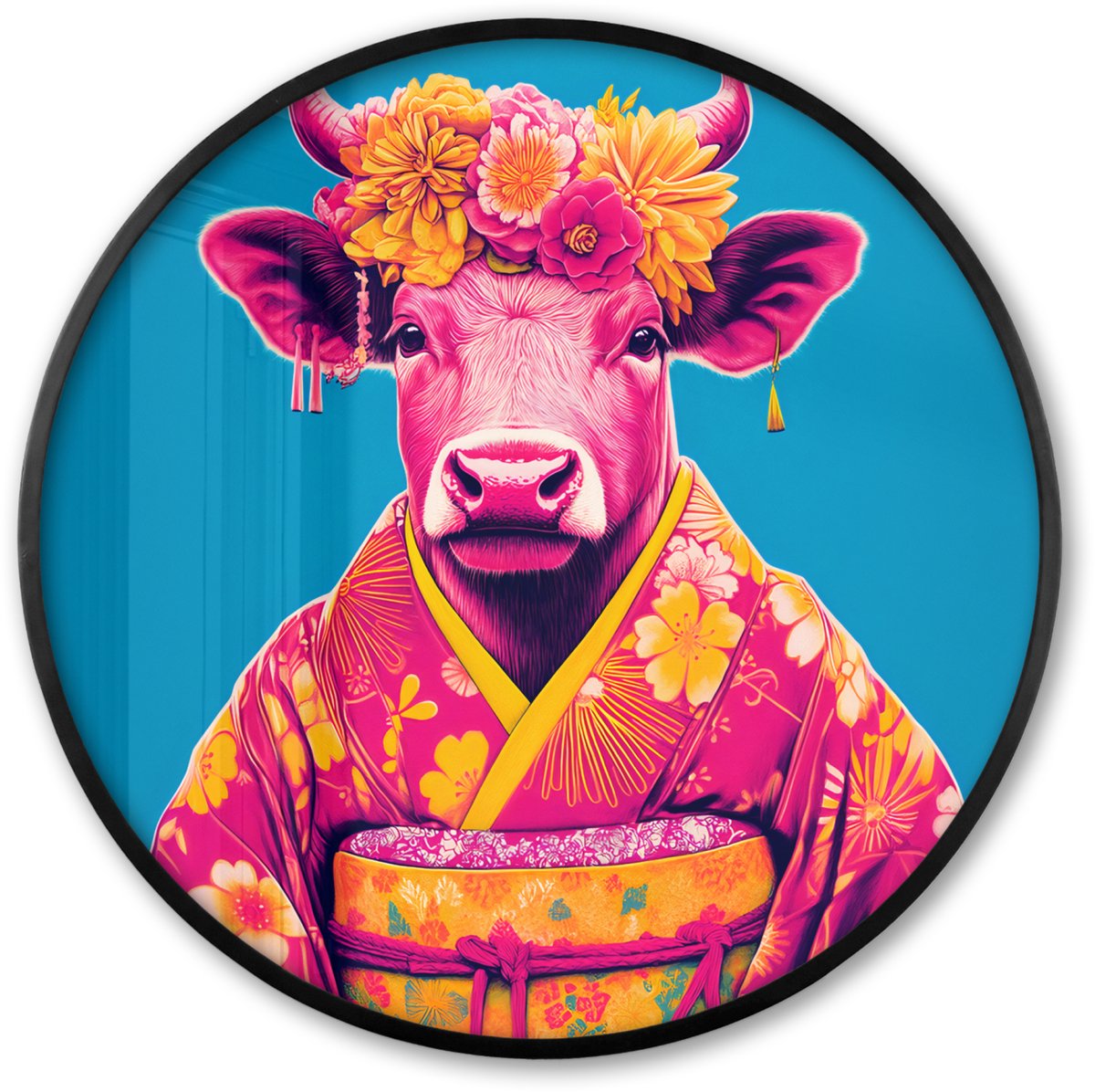 FrameYourWall Poster in lijst Rond - Fotolijst 60x60 cm - Posters - Koe - Bloemenkrans - Oorhangers - Kimono - Ronde posterlijst zwart - Decoratie - Wanddecoratie woonkamer - Muurdecoratie slaapkamer