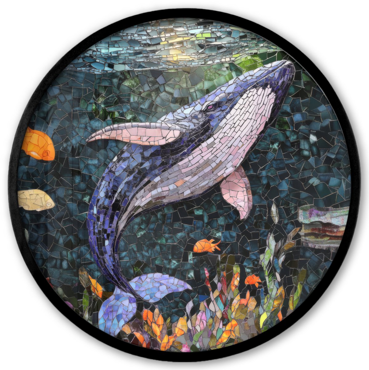 FrameYourWall Poster in lijst Rond - Fotolijst 40x40 cm - Posters - Mozaïek - Walvis - Koraal - Water - Ronde posterlijst zwart - Decoratie - Wanddecoratie woonkamer - Muurdecoratie slaapkamer