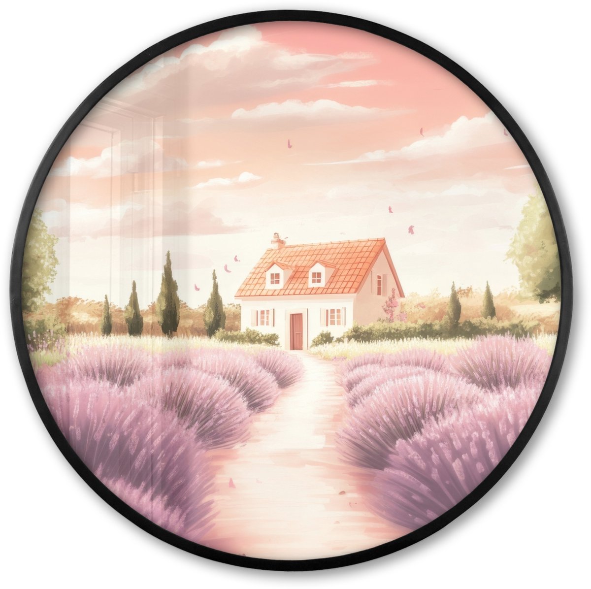 FrameYourWall Poster in lijst Rond - Fotolijst 60x60 cm - Posters - Lavendelveld - Huis - Paars - Ronde posterlijst zwart - Decoratie - Wanddecoratie woonkamer - Muurdecoratie slaapkamer Huisjes - Lavendel