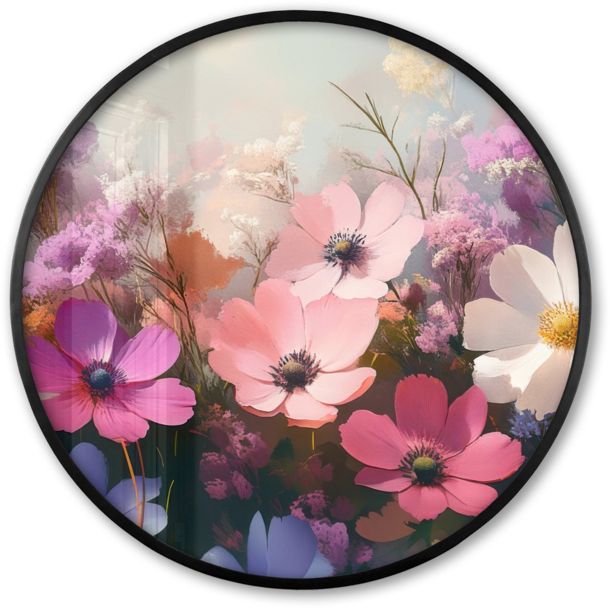 FrameYourWall Poster in lijst Rond - Fotolijst 60x60 cm - Posters - Bloemen - Kleurrijk - Bloei - Ronde posterlijst zwart - Decoratie - Wanddecoratie woonkamer - Muurdecoratie slaapkamer