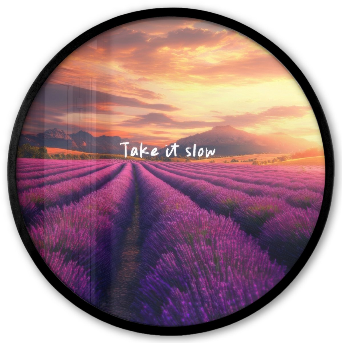 FrameYourWall Poster in lijst Rond - Fotolijst 40x40 cm - Posters - Lavendelveld - Quote - Zonsondergang - Ronde posterlijst zwart - Decoratie - Wanddecoratie woonkamer - Muurdecoratie slaapkamer