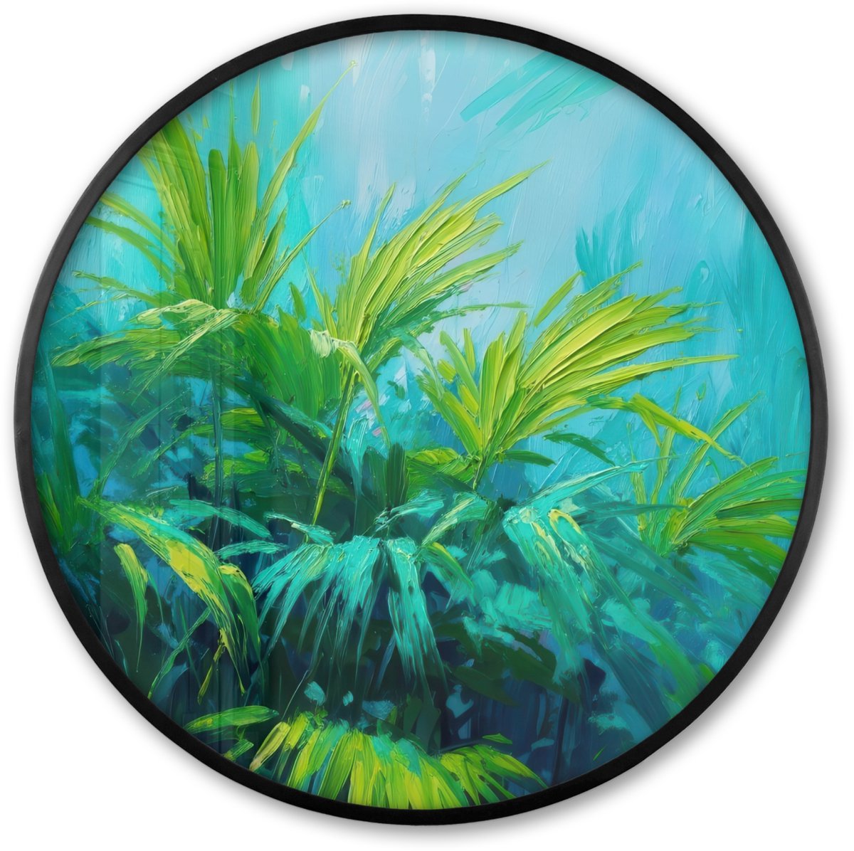 FrameYourWall Poster in lijst Rond - Fotolijst 60x60 cm - Posters - Bladeren - Groen - Schilderij - Abstract - Ronde posterlijst zwart - Decoratie - Wanddecoratie woonkamer - Muurdecoratie slaapkamer