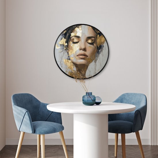 Affiche encadrée Ronde - Cadre photo 60x60 cm - Posters - Gracieuse - Femme - Or - Yeux - Cadre affiche rond noir - Décoration - Décoration murale salon - Décoration murale chambre