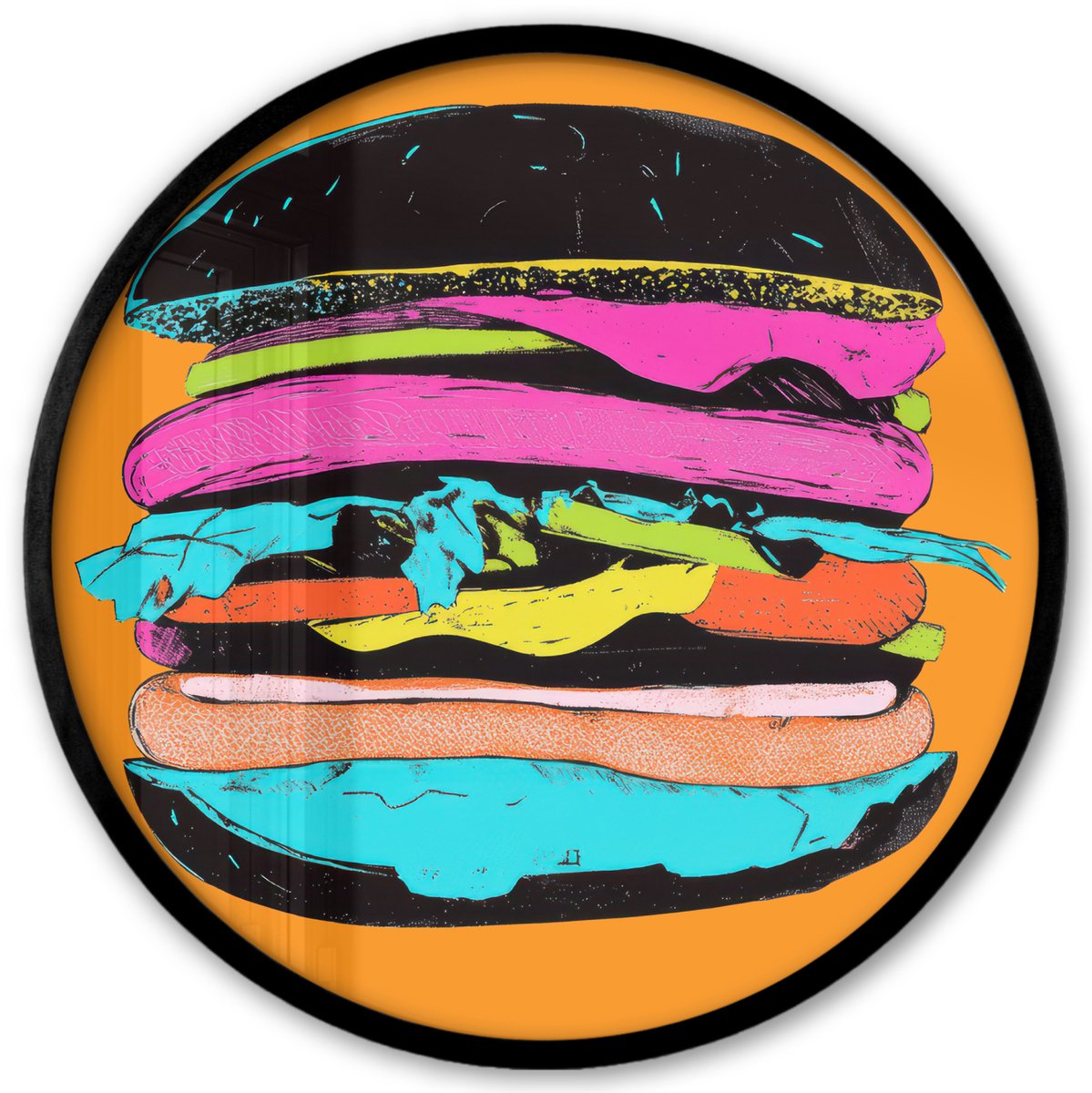 FrameYourWall Poster in lijst Rond - Fotolijst 40x40 cm - Posters - Hamburger - Kleurrijk - Speels - Ronde posterlijst zwart - Decoratie - Wanddecoratie woonkamer - Muurdecoratie slaapkamer