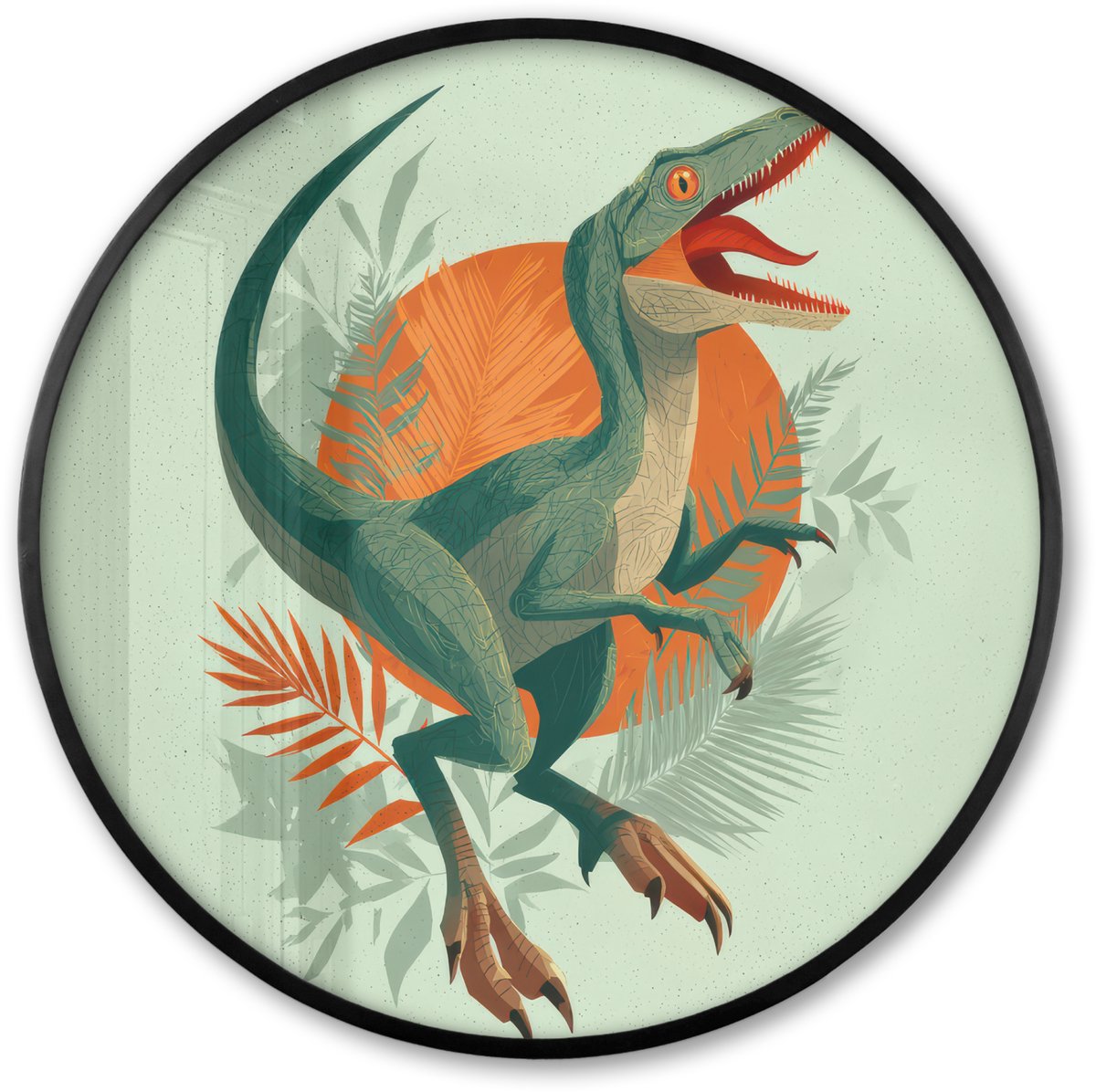 FrameYourWall Poster in lijst Rond - Fotolijst 60x60 cm - Posters - Dino - Bladeren - Grafisch - Groen - Ronde posterlijst zwart - Decoratie - Wanddecoratie woonkamer - Muurdecoratie slaapkamer