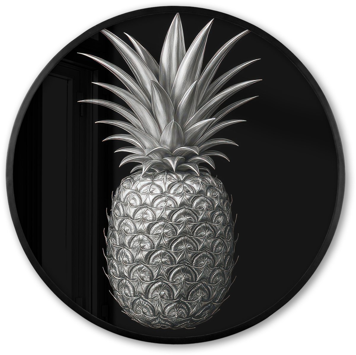 FrameYourWall Poster in lijst Rond - Fotolijst 60x60 cm - Posters - Ananas - Gedetailleerd - Bladeren - Ronde posterlijst zwart - Decoratie - Wanddecoratie woonkamer - Muurdecoratie slaapkamer
