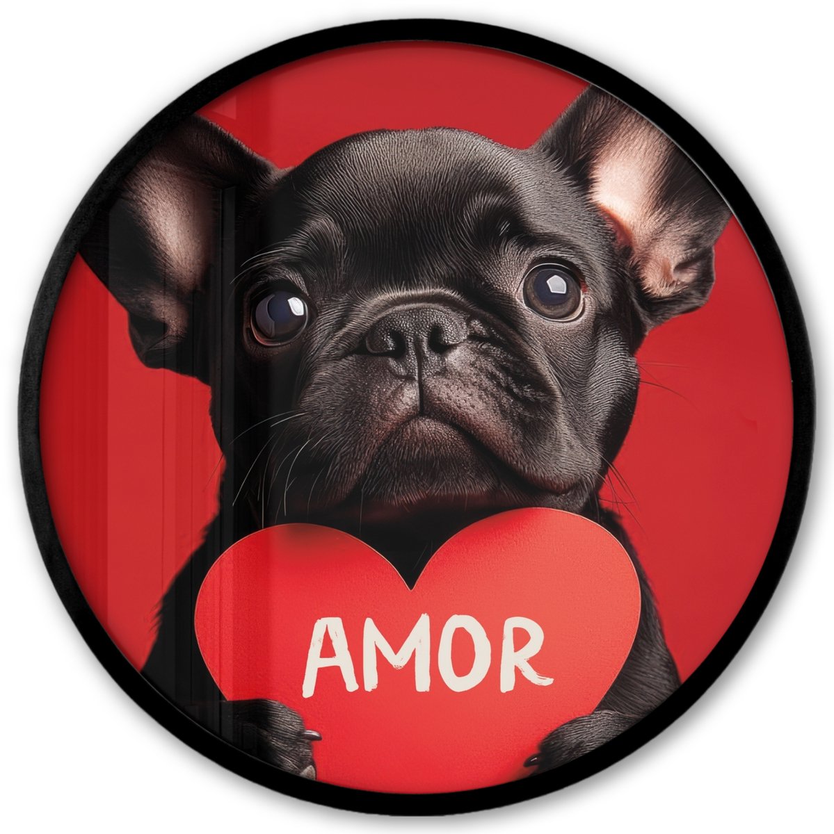 FrameYourWall Poster in lijst Rond - Fotolijst 40x40 cm - Posters - Amor - Hond - Hartje - Rood - Ronde posterlijst zwart - Decoratie - Wanddecoratie woonkamer - Muurdecoratie slaapkamer Hond - Amor