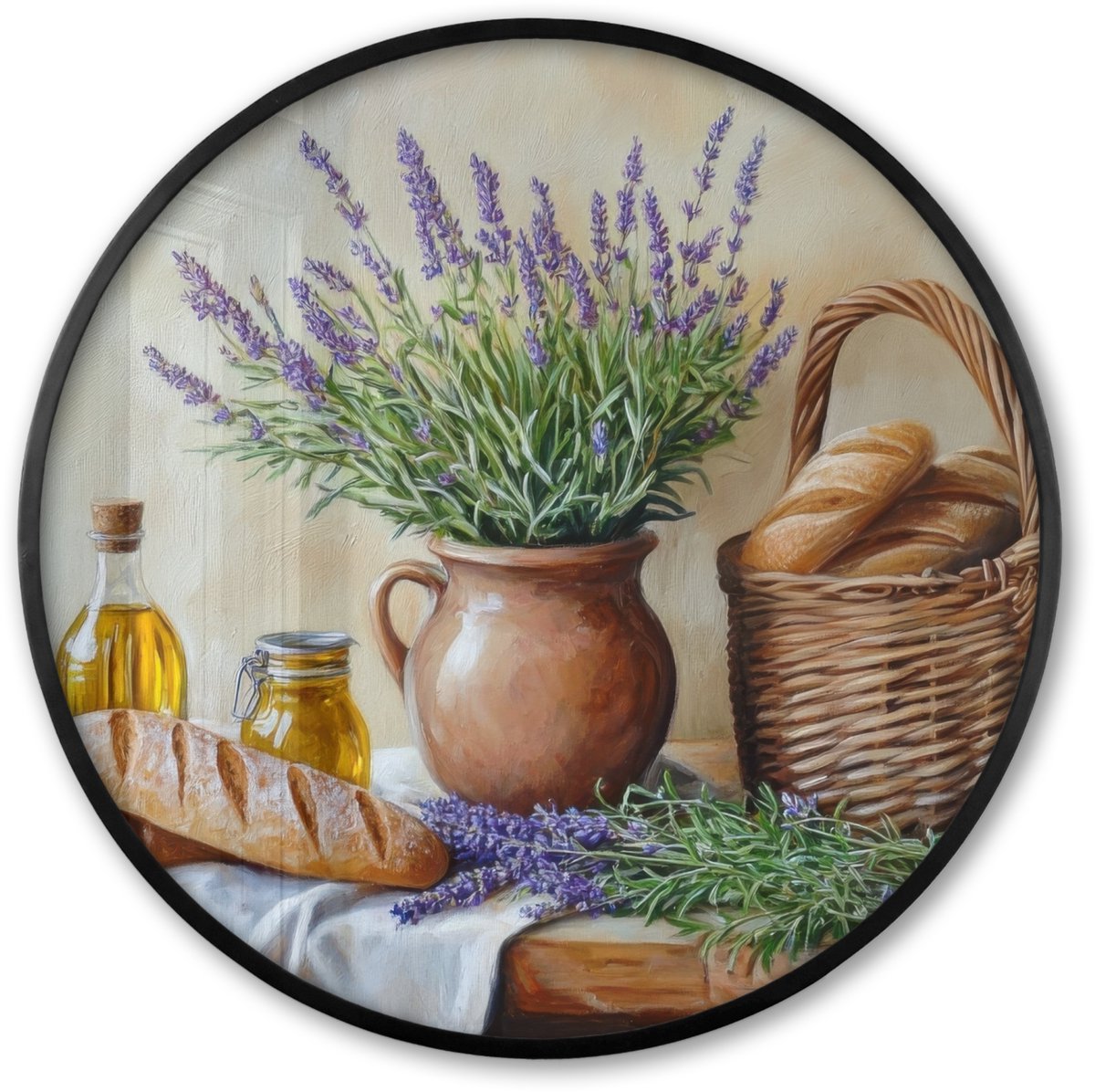 FrameYourWall Poster in lijst Rond - Fotolijst 80x80 cm - Posters - Lavendel - Brood - Stilleven - Ronde posterlijst zwart - Decoratie - Wanddecoratie woonkamer - Muurdecoratie slaapkamer Lavendel - Stilleven