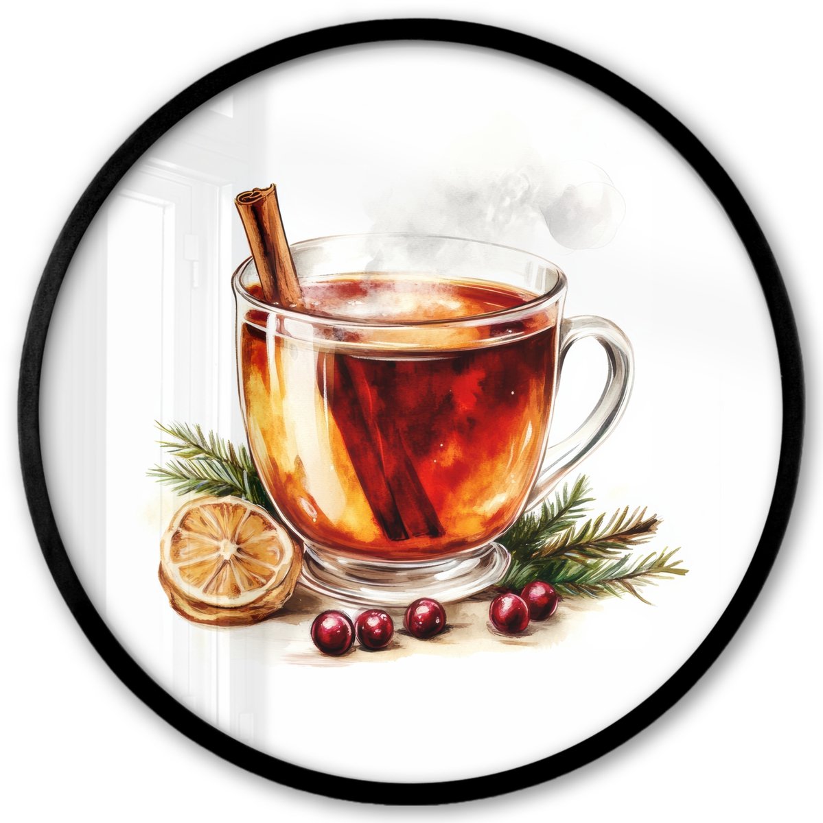 FrameYourWall Poster in lijst Rond - Fotolijst 40x40 cm - Posters - Thee - Warm - Winter - Sfeer - Ronde posterlijst zwart - Decoratie - Wanddecoratie woonkamer - Muurdecoratie slaapkamer Winter - Thee