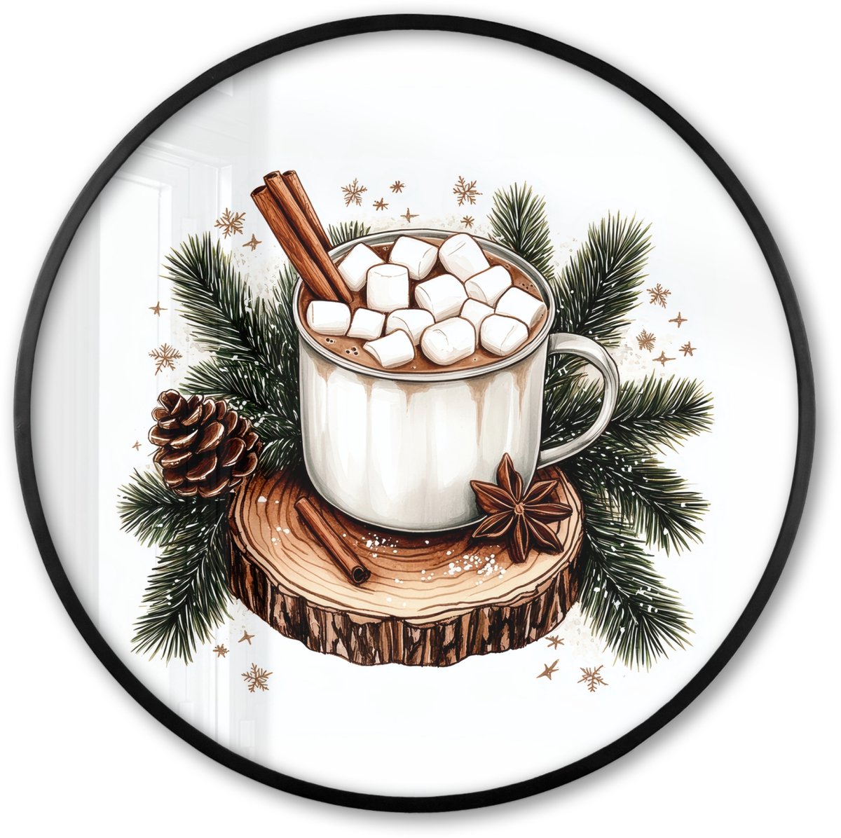 FrameYourWall Poster in lijst Rond - Fotolijst 60x60 cm - Posters - Winter - Hout - Chocolademelk - Drink - Kerst - Ronde posterlijst zwart - Decoratie - Wanddecoratie woonkamer - Muurdecoratie slaapkamer - Kerstversiering - Kerstdecoratie voor binnen - Kerstmis Winter - Chocolademelk