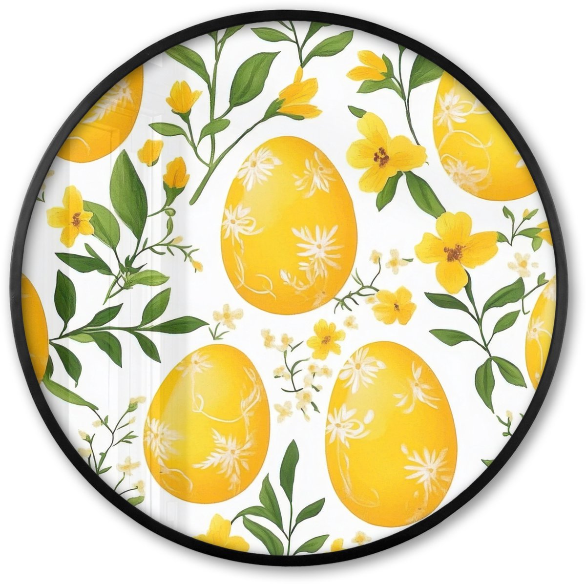 FrameYourWall Poster in lijst Rond - Fotolijst 80x80 cm - Posters - Bloemen - Paaseieren - Geel - Ronde posterlijst zwart - Decoratie - Wanddecoratie woonkamer - Muurdecoratie slaapkamer Pasen