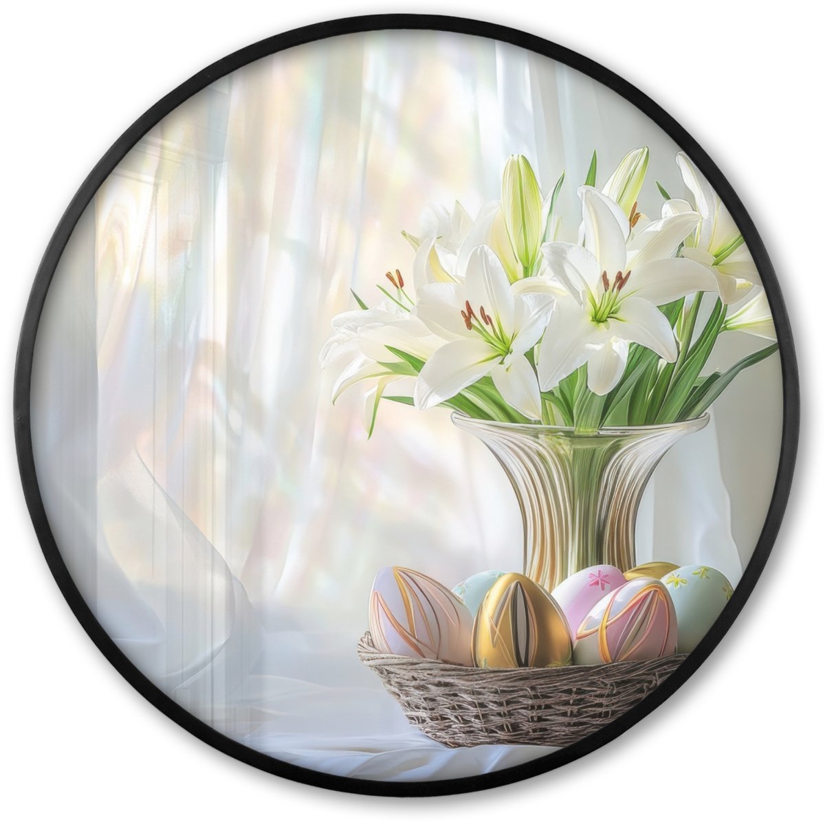 FrameYourWall Poster in lijst Rond - Fotolijst 80x80 cm - Posters - Vaas - Eieren - Bloemen - Ronde posterlijst zwart - Decoratie - Wanddecoratie woonkamer - Muurdecoratie slaapkamer Lelies - Stilleven