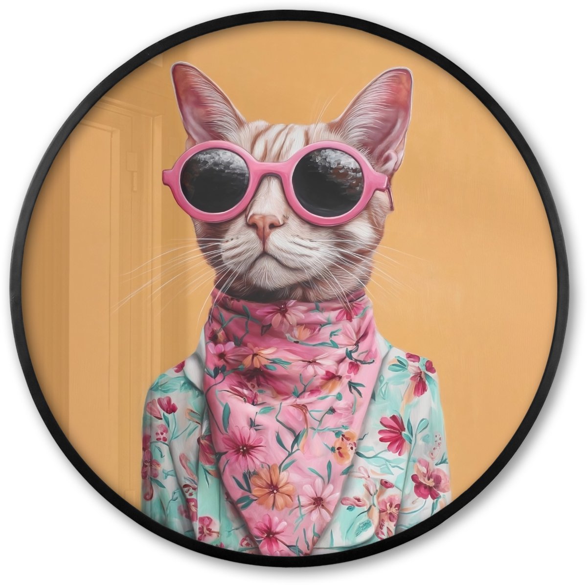 FrameYourWall Poster in lijst Rond - Fotolijst 60x60 cm - Posters - Zonnebril - Kat - Sjaal - Bloemen - Ronde posterlijst zwart - Decoratie - Wanddecoratie woonkamer - Muurdecoratie slaapkamer