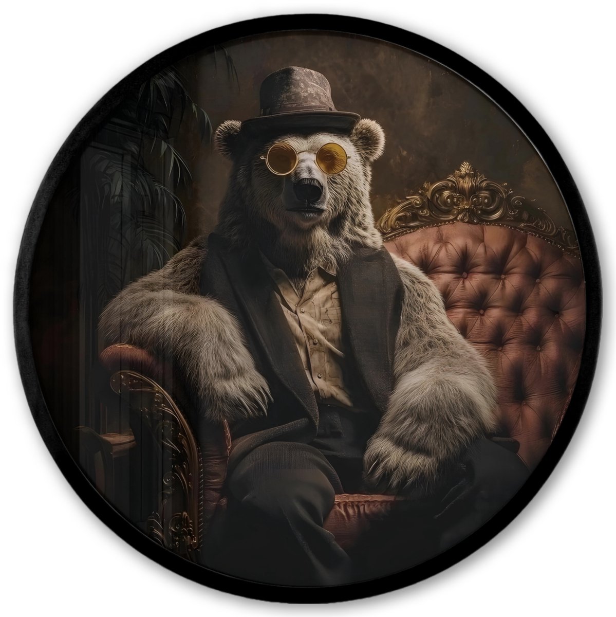 FrameYourWall Poster in lijst Rond - Fotolijst 40x40 cm - Posters - Ijsbeer - Hoed - Bril - Stoel - Ronde posterlijst zwart - Decoratie - Wanddecoratie woonkamer - Muurdecoratie slaapkamer