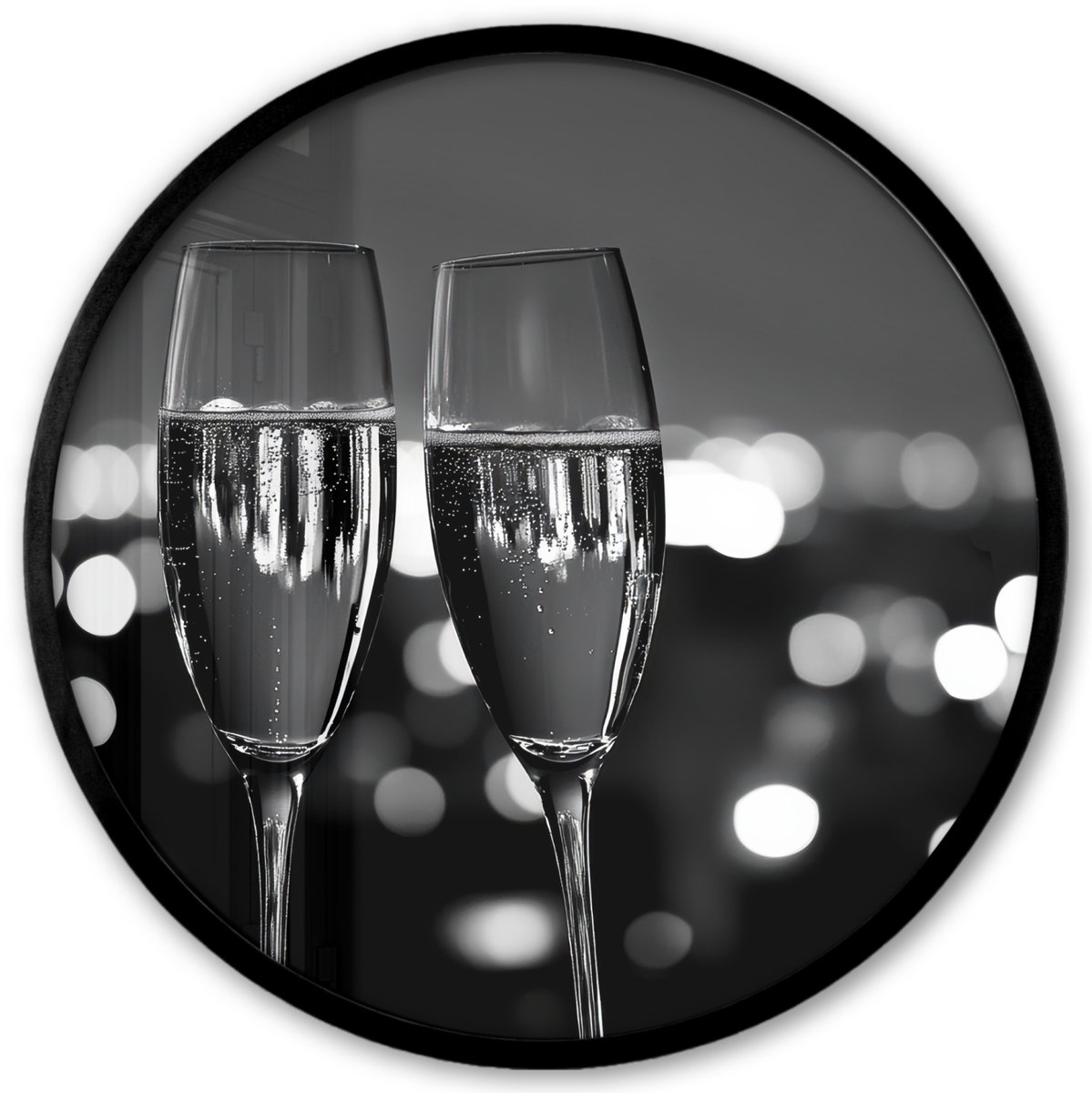 FrameYourWall Poster in lijst Rond - Fotolijst 40x40 cm - Posters - Bubbels - Proosten - Champagneglazen - Stadslichten - Ronde posterlijst zwart - Decoratie - Wanddecoratie woonkamer - Muurdecoratie slaapkamer