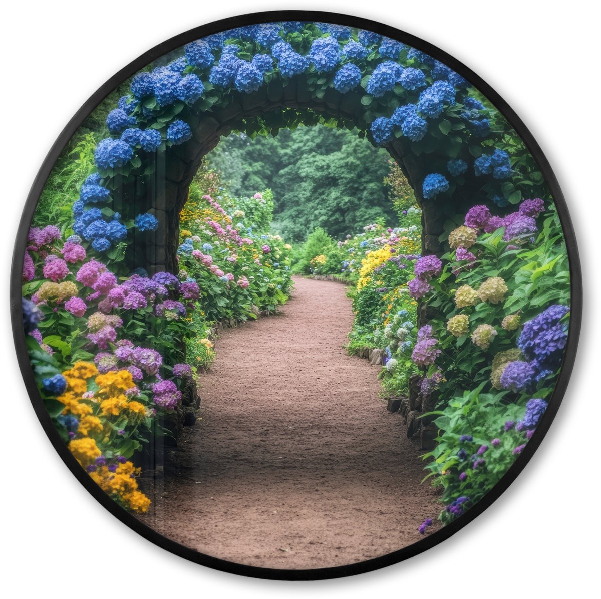 FrameYourWall Poster in lijst Rond - Fotolijst 60x60 cm - Posters - Doorkijk - Bloemen - Hortensia - Pad - Ronde posterlijst zwart - Decoratie - Wanddecoratie woonkamer - Muurdecoratie slaapkamer Poort - Hortensia