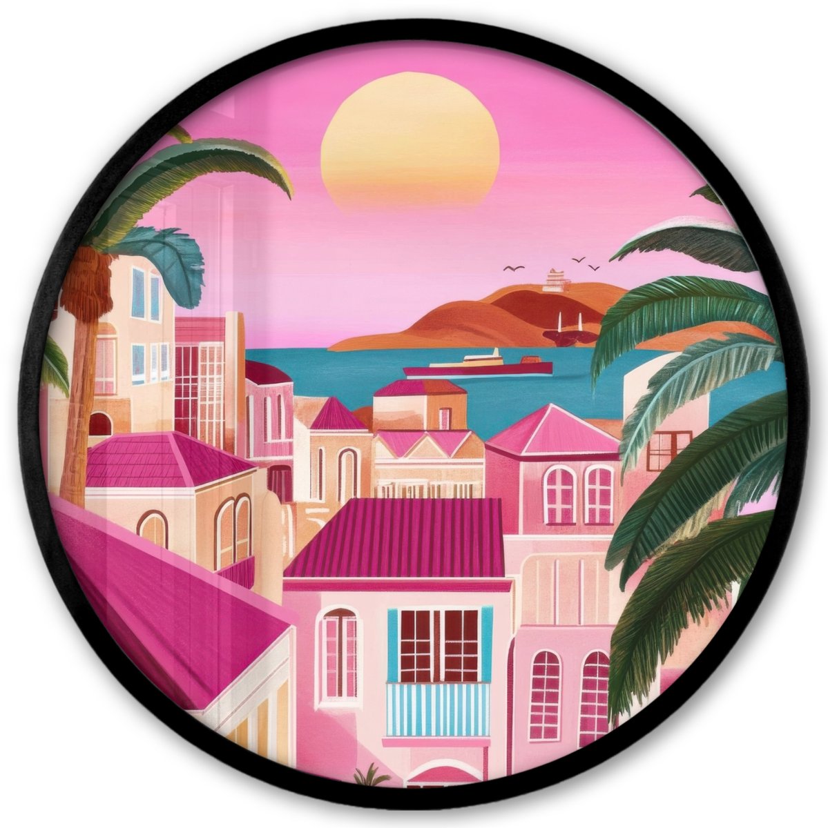FrameYourWall Poster in lijst Rond - Fotolijst 40x40 cm - Posters - Stad - Roze - Palmbomen - Ronde posterlijst zwart - Decoratie - Wanddecoratie woonkamer - Muurdecoratie slaapkamer Stad - Zonsondergang